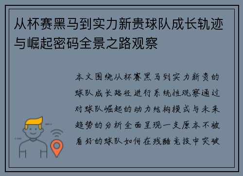 从杯赛黑马到实力新贵球队成长轨迹与崛起密码全景之路观察